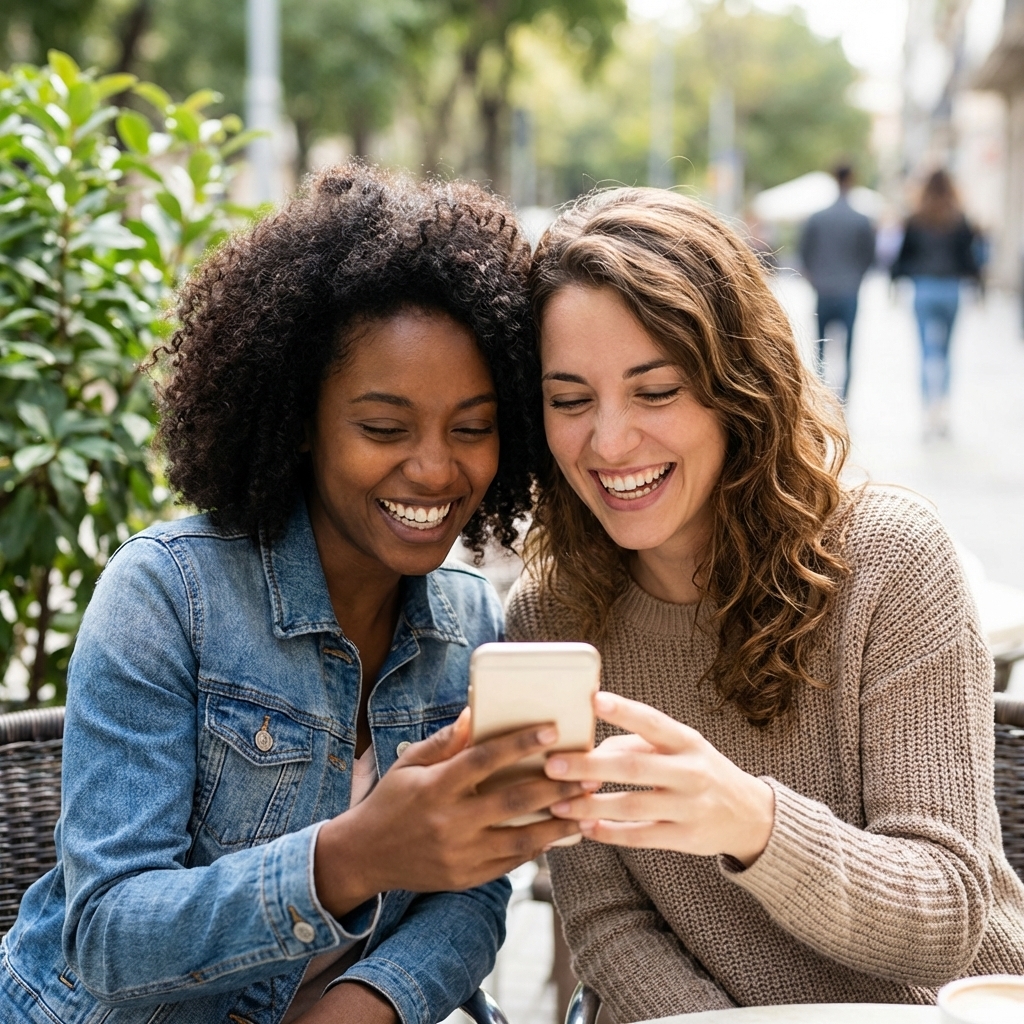 Amigos sorrindo olhando celular - Clube de Vantagens AAPV